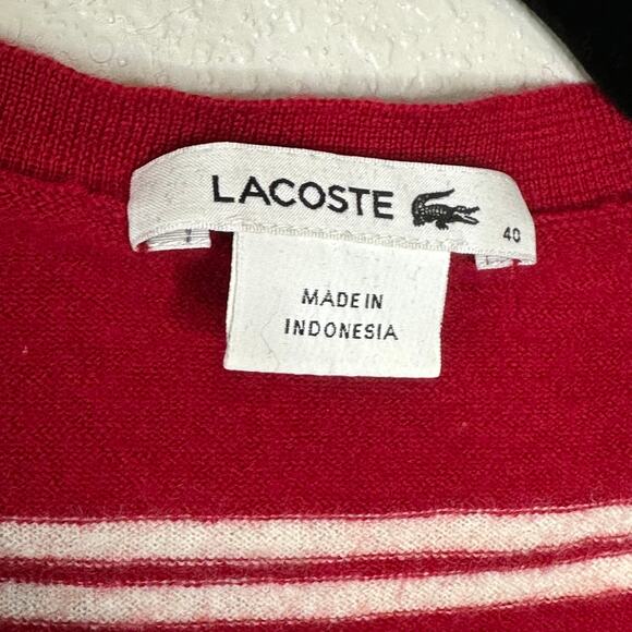 Lacoste Women's Long Sleeve V-neck Striped Sweater Merino Wool Red Cream Size M - Picture 4 of 12